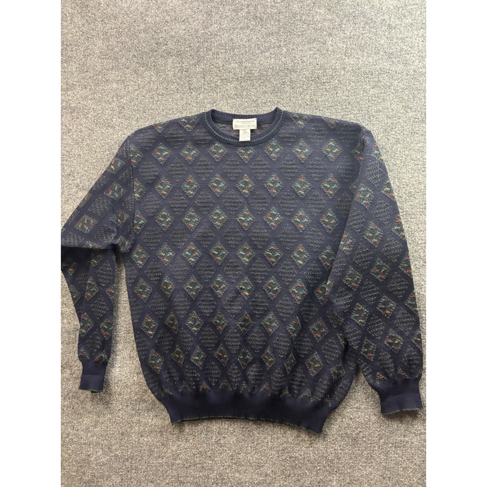 VNTG Tricots St. Raphael Sweater Mens Large Navy Blue Merino Wool Diamond Knit